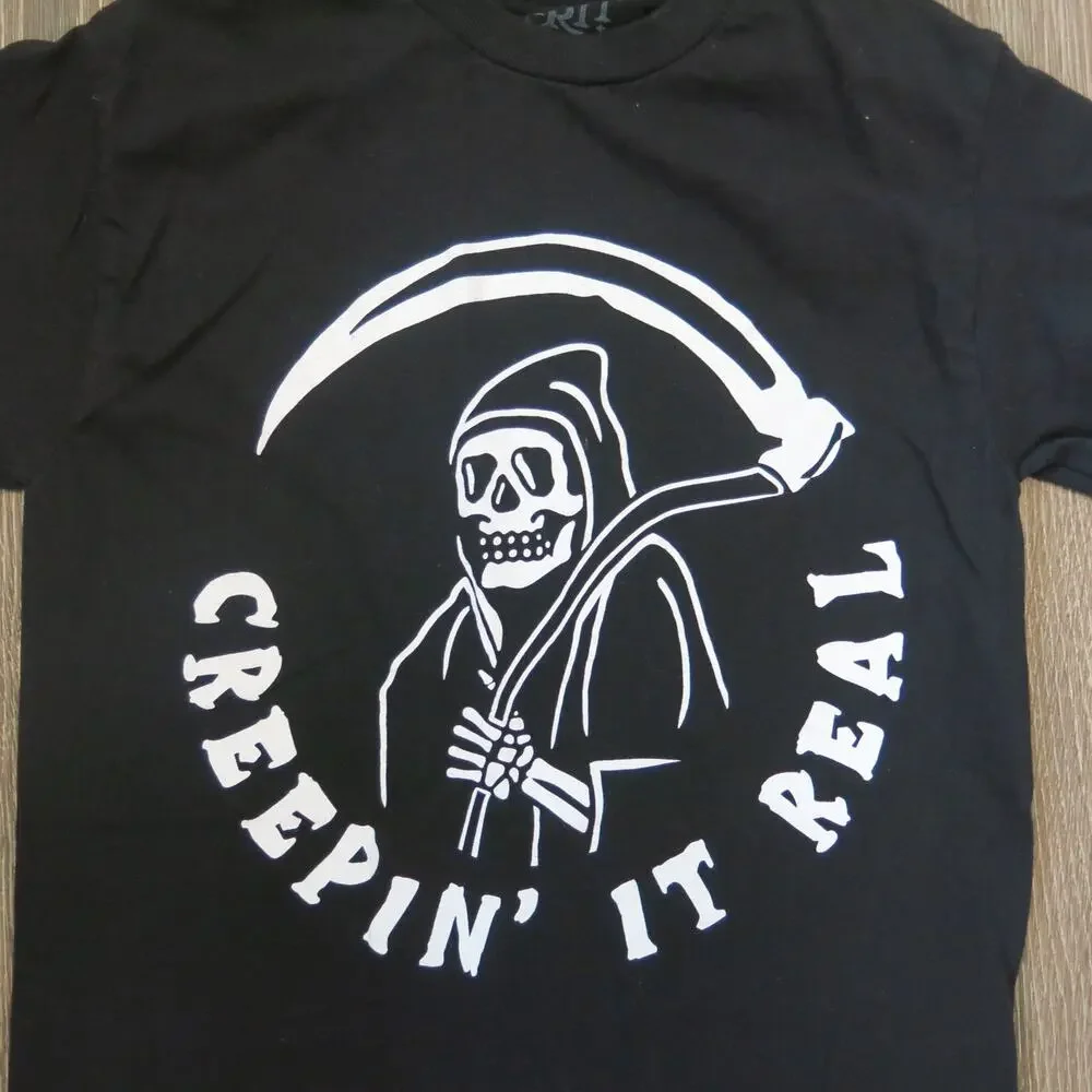 SPIRIT HALLOWEEN Creepin It Real Grim Reaper T Shirt Size S Adult Goth Black
